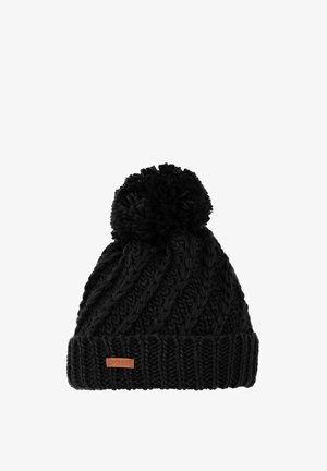 Black knitted beanie with a textured cable pattern, featuring a prominent pom-pom on top and a ribbed cuff labeled with a logo tag.