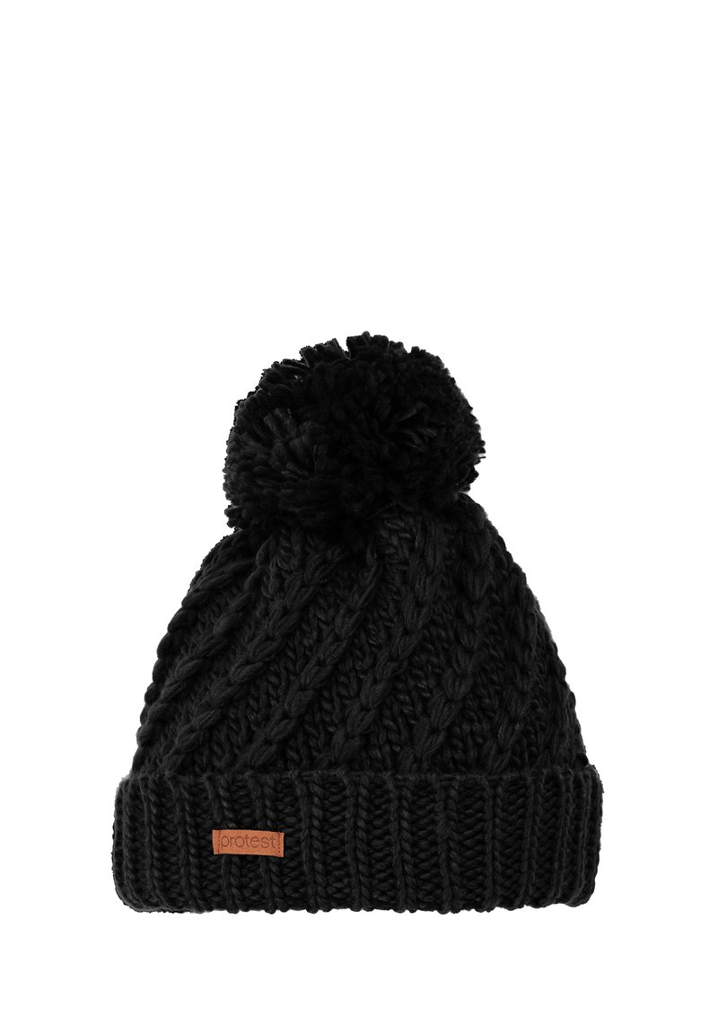 Zwarte gebreide beanie met een textuur kabelpatroon, voorzien van een opvallende pompon bovenop en een geribde manchette met een logo-label.