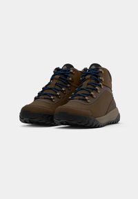 Brown hiking boots with a smooth upper, blue laces, metallic eyelets, and textured black sole, featuring a padded collar for comfort.