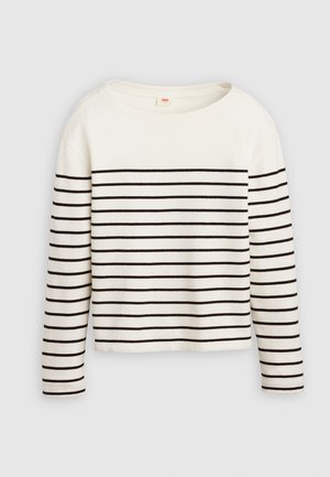 Biela košeľa s dlhým rukávom a čiernymi horizontálnymi pruhmi, s širokým okrúhlym výstrihom a jemnou textúrou látky. Skrátená dĺžka.