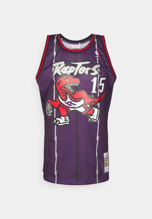 Paarse mesh basketbaljersey met rode en zwarte accenten, met een dino-grafiek, teamnaam "Raptors," en spelersnummer "15."
