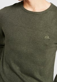 Lähikuva henkilöstä, joka käyttää oliivinvihreää neulottua villapaitaa, jossa on pieni kirjailtu vuorilogo rinnassa.