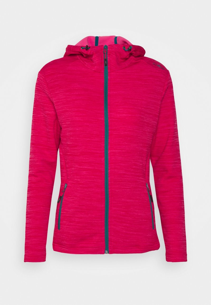 Sweat à capuche zippé rose vif avec fermeture éclair et accents de poche bleu sarcelle, capuche réglable avec cordons, manches longues et motif texturé subtil.