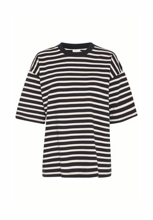 Randig t-shirt i marinblå och krämfärgad, med rund halsringning, korta ärmar, boxig form och mjuk bomullstextur.