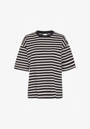 Prugasta majica v mornarsko modri in kremni barvi, z okroglo ovratnikom, kratkimi rokavi, kvadratno obliko in mehkim bombažnim tekstilom.