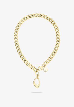 Gold chain necklace with thick links, featuring a clasp and a teardrop-shaped pendant. Smooth texture and polished finish.