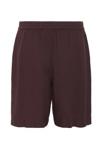 Shorts bordeaux en tissu léger, dotés d'une taille élastique, d'une coupe ample et de bords ourlés. Pas de poches ni de motifs.