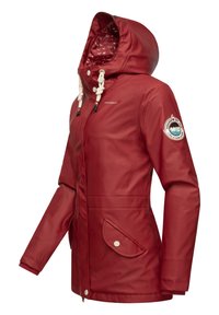 Red waterproof jacket with a hood, drawstrings, side pockets, and a floral patterned inner lining. Features logo patch on the sleeve.
