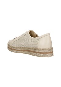 Sneaker in pelle beige perforata con punta tonda, design con lacci e suola in stile espadrilles testurizzata.