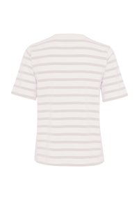 Striped short-sleeve t-shirt in light cream and soft gray, featuring a relaxed fit and a rounded neckline with a smooth cotton texture.