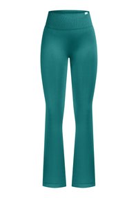 Türkisfarbene Yoga-Hose mit ausgestelltem Bein, aus dehnbarem Stoff, mit hohem Bund und glatter Textur, für Komfort und Bewegungsfreiheit konzipiert.