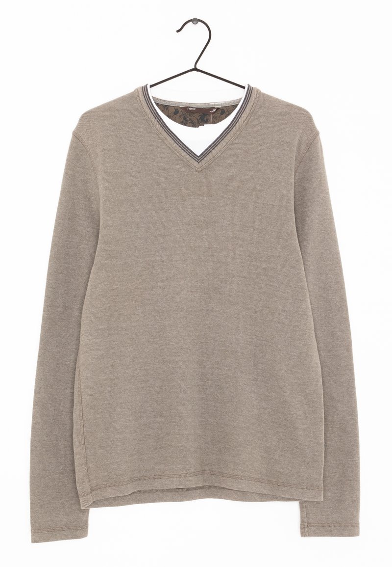 Beige V-halset sweater lavet af blødt stof. Har lange ærmer og en tekstureret krave med et diskret mønster indeni.