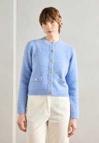 Hellblaues Strickjacke aus strukturiertem Stoff, mit rundem Halsausschnitt, goldenen Knöpfen und zwei Fronttaschen. Kombiniert mit beigen Cordhosen.