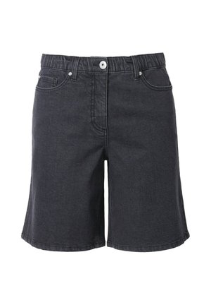 Shorts in denim nero con una vestibilità rilassata, vita con chiusura a bottone, tasche frontali e dettagli cuciti lungo i bordi.