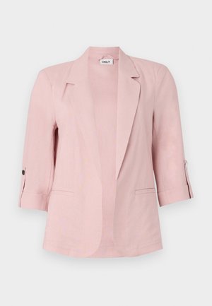 Blazer rose clair avec un design à boutonnage simple, des revers à notch et des manches trois-quarts. Deux poches avant et des accents de boutons sur les manches.
