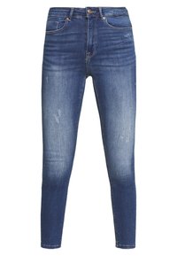 Vaqueros ajustados en denim azul medio, con una cintura alta, bolsillos frontales y un ligero desgaste. Tejido suave y texturizado.