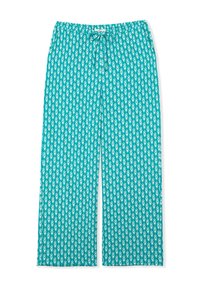 Pantalons de pyjama turquoise avec un motif floral blanc, dotés d'une taille à cordon de serrage et de jambes larges pour un ajustement décontracté. Tissu léger.