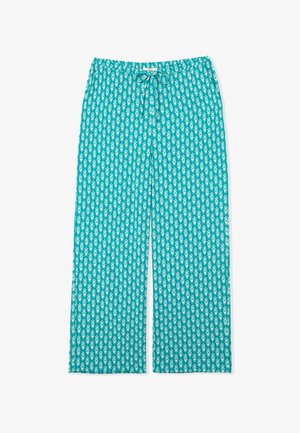 Turkusowe spodnie do piżamy z białym wzorem kwiatowym, z elastyką w talii i szerokimi nogawkami, zapewniające luźny krój. Lekka tkanina.