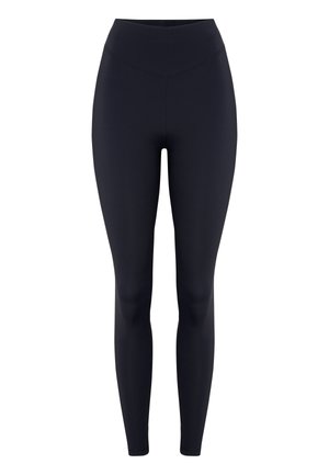 Leggings bleu marine avec une taille haute, fabriqués à partir d'un tissu extensible, présentant une texture lisse et un design ajusté.