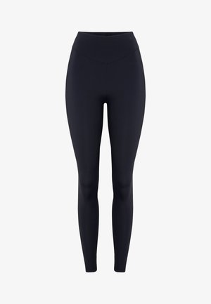 Leggings bleu marine avec une taille haute, fabriqués à partir d'un tissu extensible, présentant une texture lisse et un design ajusté.
