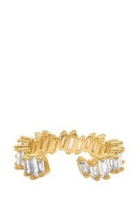 Goldmetallring mit in einer linearen Anordnung angeordneten, smaragdgeschliffenen klaren Steinen und einem strukturierten Banddesign.