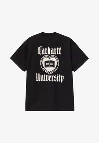 Camiseta de algodón negra con un gran gráfico blanco en la parte posterior que dice "Carhartt University" y texto adicional, en una tipografía en negrita.
