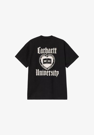 Camiseta de algodón negra con un gran gráfico blanco en la parte posterior que dice "Carhartt University" y texto adicional, en una tipografía en negrita.