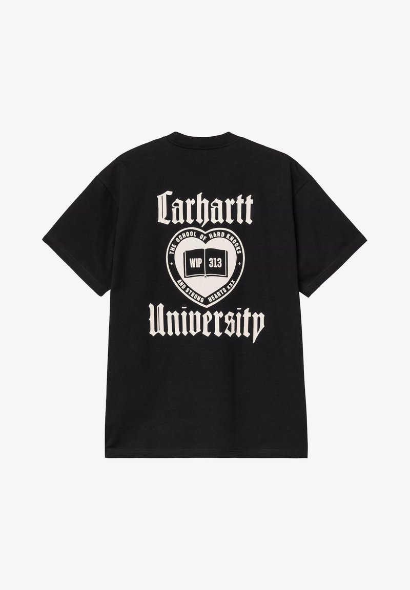 T-shirt in cotone nero con una grande grafica bianca sul retro con la scritta "Carhartt University" e testo aggiuntivo, impostata in un carattere bold.