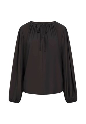 Black long-sleeve blouse with gathered neckline and tie detail, elastic cuffs, and loose fit.