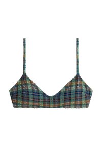 Bralette rayée avec fines bretelles réglables dans un motif à carreaux verts, bleus et marron, en tissu texturé froncé.
