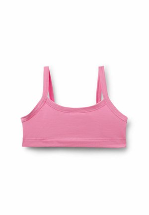 Crop top rosa in cotone con sottili spalline e scollo dritto, mostrato disteso su sfondo bianco.