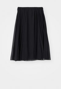 Jupe plissée noire avec une taille élastique, fabriquée en tissu léger, présentant un design fluide et un léger brillant.