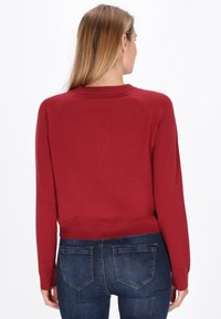 Sarkanais adīta džemperis ar garām piedurknēm, ribinātu maliņu un apaļu kakla izgriezumu. Materiāls izskatās mīksts ar vidēju biezumu. Valkāts kopā ar tumšiem džinsiem.