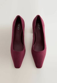 Zapatos de tacón alto de ante burdeos con punta afilada y una textura suave. El interior presenta un forro oscuro con la marca.