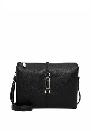 Black textured leather crossbody bag with silver rectangular metal detail and zipper closure on top against white background.
