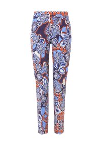 Patroonleggingen met een marineblauwe basis, kleurrijke bloemontwerpen in blauw, rood en wit. Elastische tailleband, slim fit, enkel lengte.