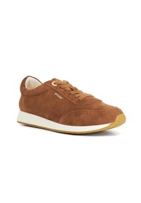 Bruine suede vetersneaker met witte zool en gumloopzool, gouden oogjes en "Dune" logo aan de zijkant, schuin rechteraanzicht.