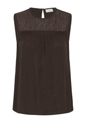 Ärmellose dunkelbraune Bluse mit Spitzenblumenpasse und rundem Ausschnitt, der hinten mit einem kleinen Schlüsselloch-Knopfverschluss versehen ist.