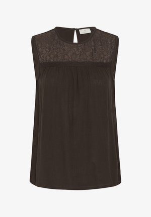 Mouwloze donkerbruine blouse met kanten bloemeninzet en een ronde halslijn met een kleine sleutelgatknopsluiting aan de achterkant.