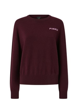 Maglione bordeaux lavorato a maglia realizzato in tessuto morbido, con scollo rotondo e maniche lunghe. Logo "PINKO" in filo rosa sul davanti.