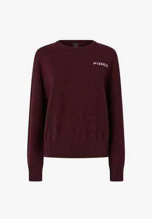 Maglione bordeaux lavorato a maglia realizzato in tessuto morbido, con scollo rotondo e maniche lunghe. Logo "PINKO" in filo rosa sul davanti.