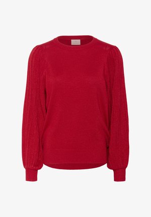 Red knitted sweater with a round neckline and long, pleated sleeves. Features a slightly loose fit and a soft, textured finish.
