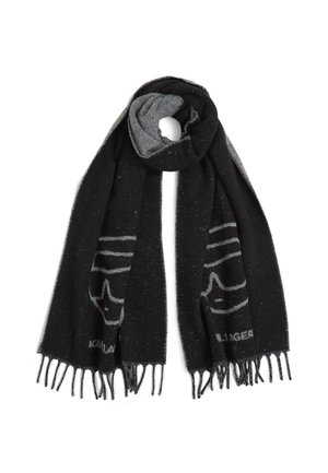 Black and gray scarf made of soft material, features a light gray graphic pattern and fringed ends. Smooth texture with a warm appearance.