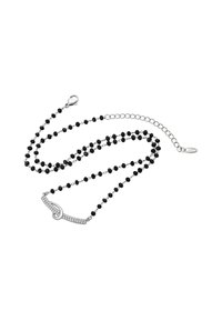 Colier din mărgele negre cu accente argintii; dispune de un conector curbat cu pietre transparente; include un închizător tip homar și un lanț de extensie.