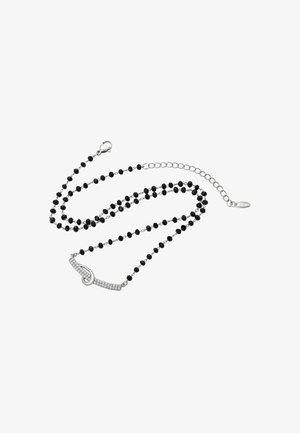 Zwart kraalways met zilveren accenten; heeft een gebogen connector met heldere rhinestones; inclusief een kreeftsluiting en verlengketting.