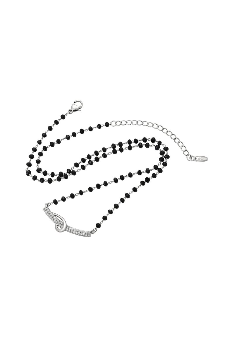 Colier din mărgele negre cu accente argintii; dispune de un conector curbat cu pietre transparente; include un închizător tip homar și un lanț de extensie.