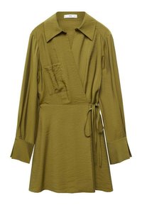 Olive green wrap dress with long sleeves, a collar, a chest pocket, and a tie belt. Smooth texture with a subtle sheen.
