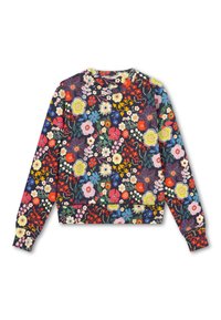 Sweater met bloemenpatroon op een donker marineblauwe achtergrond, met heldere kleuren zoals rood, geel en roze. Ronde halslijn en geribde manchetten.