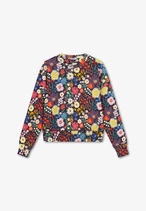 Sweater met bloemenpatroon op een donker marineblauwe achtergrond, met heldere kleuren zoals rood, geel en roze. Ronde halslijn en geribde manchetten.