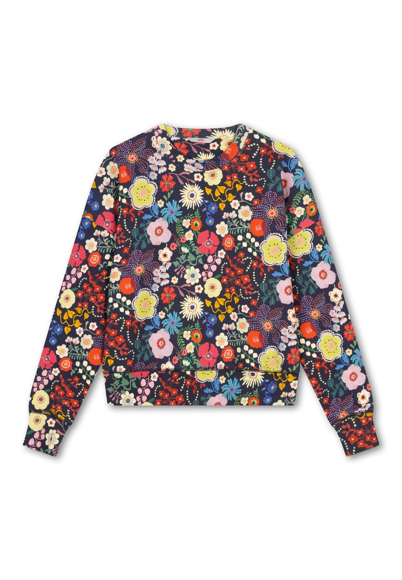 Sweater met bloemenpatroon op een donker marineblauwe achtergrond, met heldere kleuren zoals rood, geel en roze. Ronde halslijn en geribde manchetten.